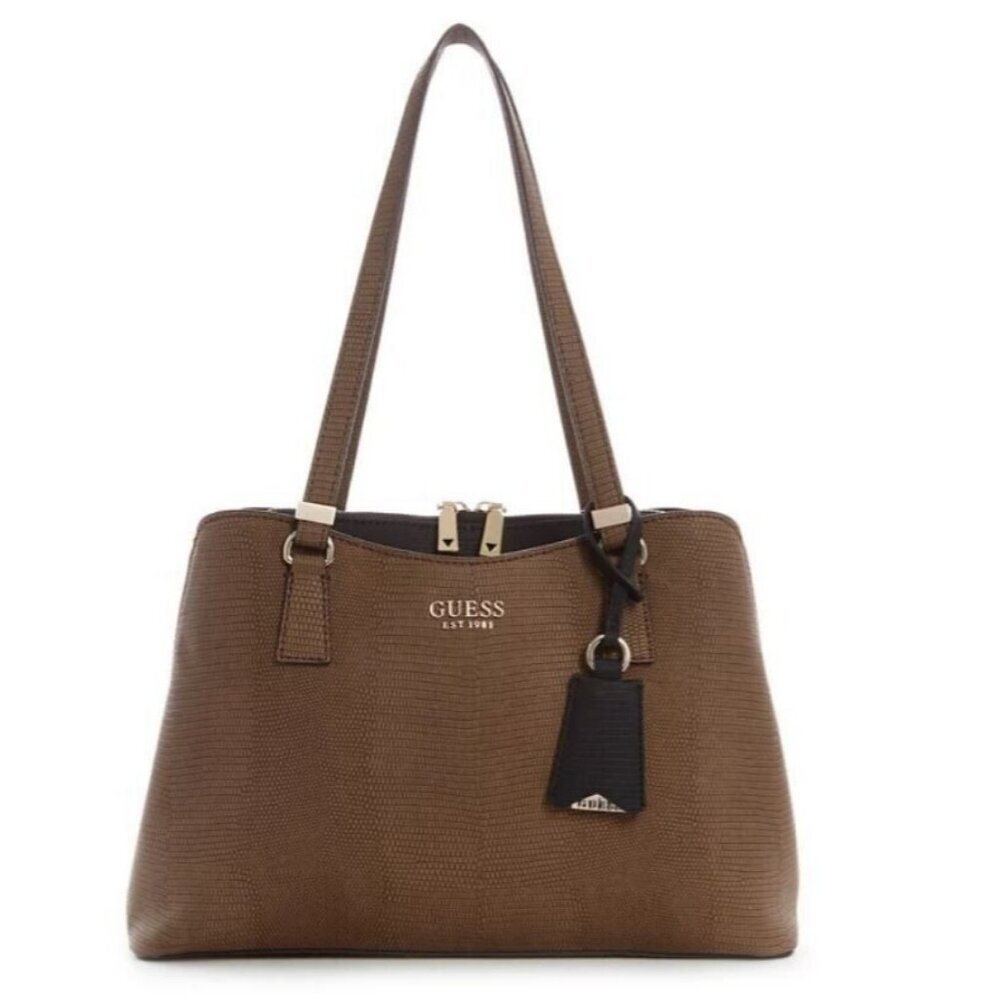 GUESS Lyndi Girlfriend croc embossed large satchel - Brown/Black